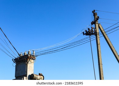 Street Transformer Substation And Power Lines. Insulation Cuffs, Electric Wires. Power Supply Concept.