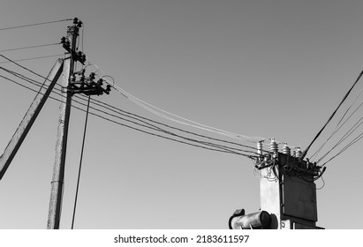 Street Transformer Substation And Power Lines. Insulation Cuffs, Electric Wires. Power Supply Concept.