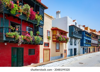 Street with typical local houses in Santa Cruz de La Palma city, Canary Islands, Spain