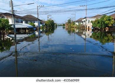 Street under flood waters. Bangkok, Thailand.