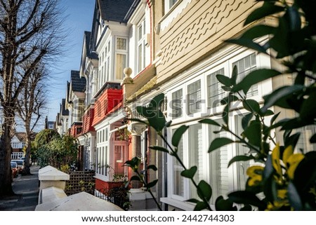 Street of upmarket residential terraced houses in Fulham, west London