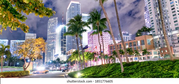 Street View Of Downtown Miami At Night, Florida.