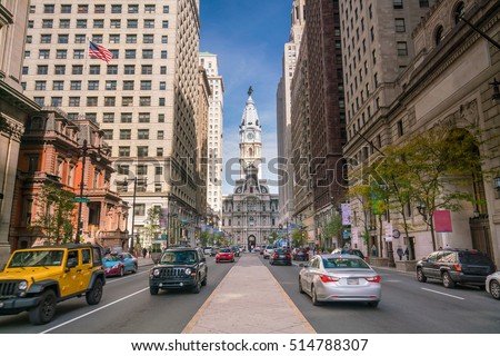 Street view of downtown Philadelphia in PA, USA