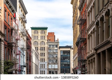 Street view of historic buildings on Broadway in the Tribeca neighborhood of Manhattan in New York City NYC