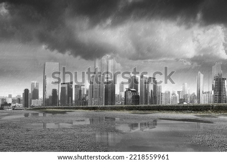 Street view with modern cityscapes and rainy background