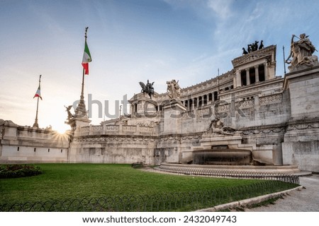 Street view of National Monument Victor Emmanuel II or Vittoriano at Piazza Venezia in morning light, Rome, Italy