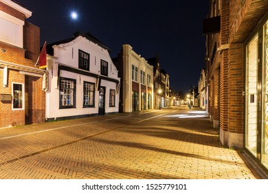Street view at night on old historic shopping district dorpsstraat Zoetermeer city, no people.