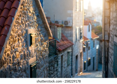 Street View In Old City Center Of Split In Croatia In The Sunset