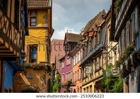 Street view on the beautiful village of Riquewihr in Alsace in France