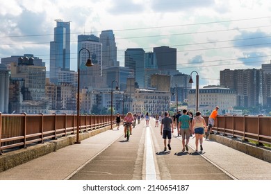 street view on Stone Arch Bridge in Minneapolis, Minnesota - July, 2017: USA