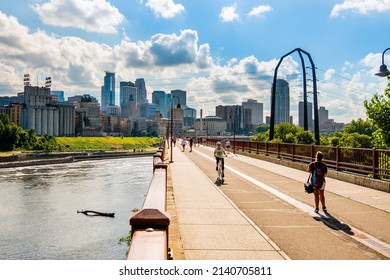 street view on Stone Arch Bridge in Minneapolis, Minnesota - July, 2017: USA