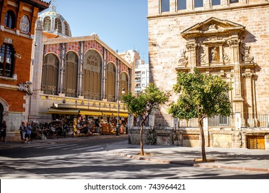 Street View With Saint Joan Church And Famous Food Market Central In Valencia City, Spain