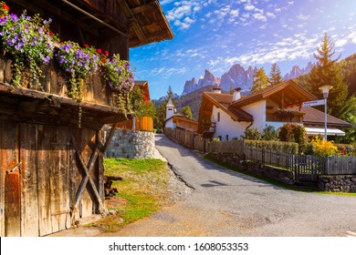 Street view of Santa Maddalena (Santa Magdalena) village, Val di Funes valley, Trentino Alto Adige region, South Tyrol, Italy, Europe. Santa Maddalena Village, Italy. 