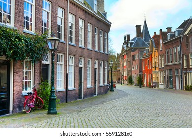 Street view, traditional houses and bicycles in Leiden, Holland, Netherlands