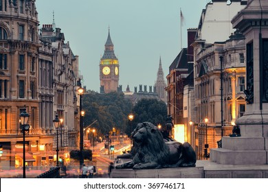 Street view of Trafalgar Square at night in London - Shutterstock ID 369746171
