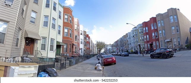 Street View Of Vintage Brooklyn Residential Neighborhood Panorama. 