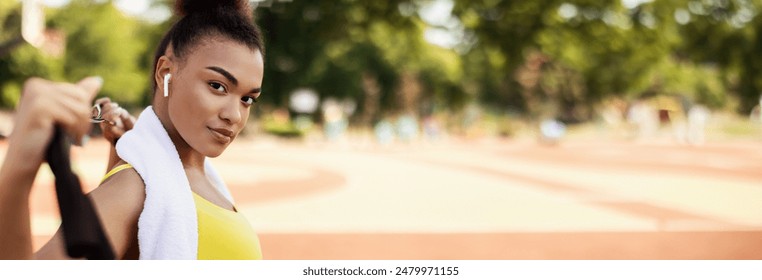 Street Workout. Portrait of confident fit African American woman in earbuds warming up and exercising at park, stretching her arms and chest with equipment, posing looking at camera, free copy space - Powered by Shutterstock