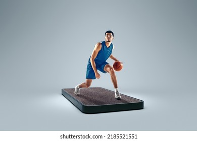 Streetball. Online Sports Competitions. Professional Basketball Player Playing Basketball On 3d Device Screen Over Grey Background. Show, Games, Online Events, Media, Betting, Ad. Collage