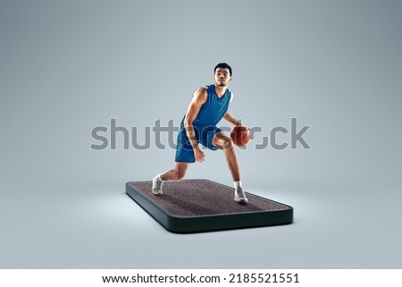 Streetball. Online sports competitions. Professional basketball player playing basketball on 3d device screen over grey background. Show, games, online events, media, betting, ad. Collage