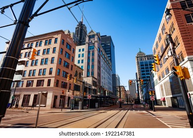 Streetcar tram line on the main street in Buffalo, NY, USA