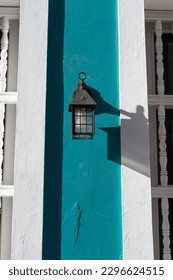 streetlamp lantern on blue house. streetlamp lantern outdoor. photo of streetlamp lantern