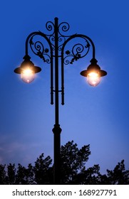 Streetlight - Night City Landscape With Lantern. Street Light In Park - Illumination Night Scene.