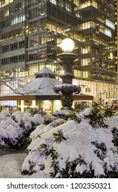 Streetlight And Shop In Bryant Park, A Lot Of Snow In Winter.