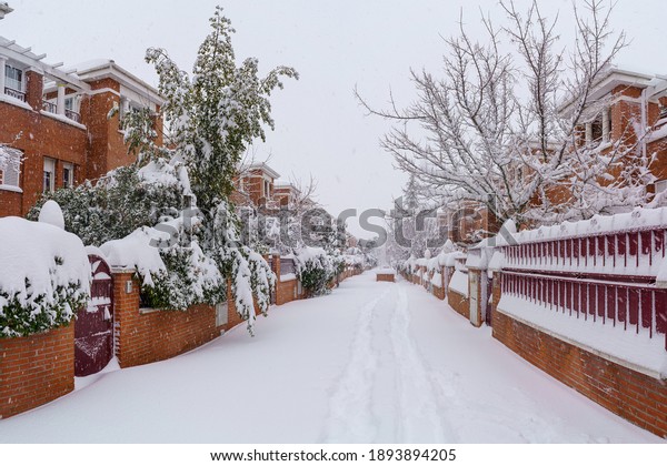 Streets and buildings covered\
in snow by day due to snowstorm Filomena falling in Madrid\
Spain\
