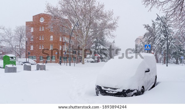 Streets and buildings covered
in snow by day due to snowstorm Filomena falling in Madrid
Spain
