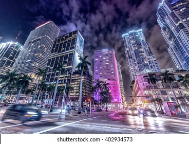 Streets And Buildings Of Downtown Miami At Night.