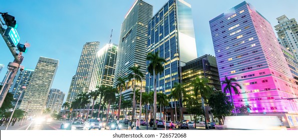 Streets And Buildings Of Downtown Miami At Night.