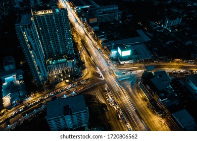 Streets and buildings top view, Road traffic an important infrastructure in Thailand