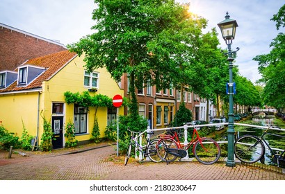 Streets and canals of old beautiful city Delft, Netherlands