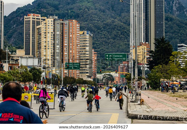 Ciclovía of Bogotá, the streets\
are closed on Sundays and holidays so that people who do sports use\
the roads for physical exercise, Bogotá Colombia August 16, 2021\
