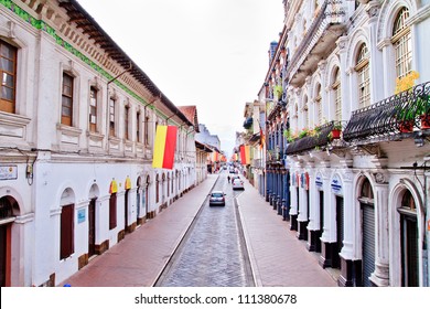 Streets Of Cuenca Ecuador During The Festivities With City Flags