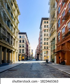 The Streets And Sidewalks Are Empty With No People During The Coronavirus Pandemic Lockdown In The SoHo Neighborhood Of New York City NYC 2020