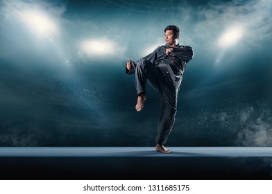 Strength Taekwondo Action Poses In Fire Stadium Background.