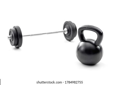 Strength Training, Bodybuilding And Muscle Hypertrophy Concept With Photograph Of Barbell And Kettle Bell Isolated On White Background