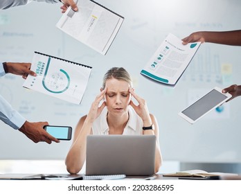 Stress, Anxiety And Business Woman Working Under Pressure With Mental Health Burnout In Busy, Task Crisis And Frustrated Office. Manager With Headache And Poor Time Management During Tax Audit Report