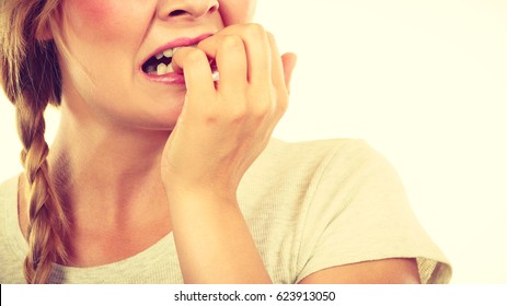 Stress, Anxiety, Emotions And Problems Concept. Scared, Stressed Woman Biting Her Nails