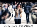 Stress, anxiety, fear or panic attack in public. Woman with mental health disorder. Phobia of crowd of people. Schizophrenia, agoraphobia or paranoia. Busy city street. Depressed introvert person.