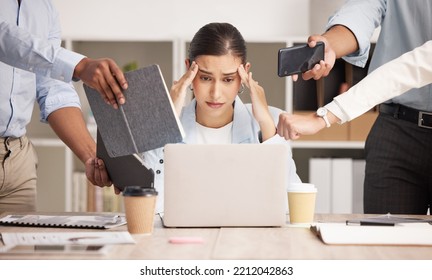 Stress, anxiety and multitasking business woman with headache from workload and laptop deadline in office. Burnout, frustration and overwhelmed lady exhausted, procrastination in toxic workplace - Shutterstock ID 2212042863
