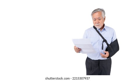 Stress Asian Old Man With Bill Payment .asian Elderly Man With Hat Broken Arm Wear Arm Splint For Treatment, Old Elderly Male Payment Credit Card Medical Care.