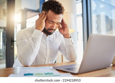 Stress, Burnout And Headache Businessman On Laptop With Error, Problem Or Frustrated Job For Work Mental Health Awareness With Lens Flare. Tired, Depressed Manager At Web Tech Company With Lens