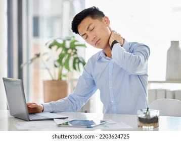 Stress, burnout and neck pain Asian man with headache, anxiety and depression working with laptop on report, tax or audit in office. Frustrated and tired business man with mental health overworked