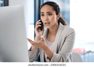 Stress, business call and woman with computer scam and email in a office with conversation. Spam, African female person and anxiety of a employee talking on a web help communication at a company