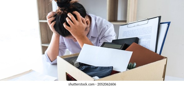 Stress of business woman employee intend to sending resignation letter to boss employer consider in order to contract for quit or layoff of job leaving from work, resignation concept.