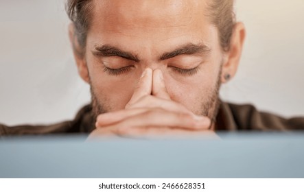 Stress, businessman and headache at desk for company, project and burnout in workplace. Laptop, frustrated and anxiety for stock market, tax and mental health with male trader in New York office - Powered by Shutterstock