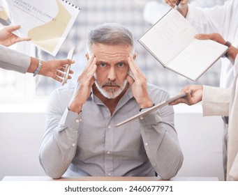 Stress, busy and portrait of overwhelmed businessman with pressure, deadline and work in office. Frustrated, overworked and mature project manager with business schedule crisis, anxiety and headache - Powered by Shutterstock