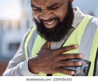 Stress, construction worker and a black man with a heart attack in the city. Healthcare, burnout and an African builder, architect or handyman with anxiety, chest pain or medical emergency on site - Powered by Shutterstock